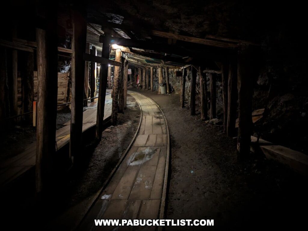 A dimly lit corridor within the Lackawanna Coal Mine in Scranton, PA, featuring a smooth walkway flanked by wooden support beams. The historical mine's gangway is illuminated by sparse lighting, creating an atmosphere that reflects the conditions coal miners worked in. The path curves gently in the distance, inviting visitors to explore further into the depths of the mine.