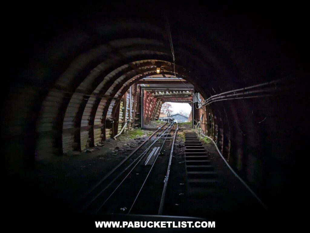View from within a dark mine shaft of the Lackawanna Coal Mine in Scranton, PA, looking out towards the daylight. The mine's interior is supported by curved metal ribs and wooden beams, with tracks embedded into the ground, suggesting a mine cart path. The transition from the shadowy mine interior to the bright outdoor light at the tunnel's end creates a stark contrast, symbolizing the exit from the depths of the earth to the surface.