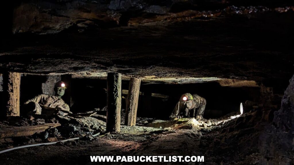 A realistic diorama within the Lackawanna Coal Mine Tour in Scranton, PA, depicting two miners working in the tight, confined spaces of the mine. The miners are shown with headlamps illuminating their immediate area, one kneeling while working and the other hunched over. The scene is set deep underground with rough, dark walls and heavy wooden beams for support, highlighting the challenging and cramped working conditions of historical coal mining.