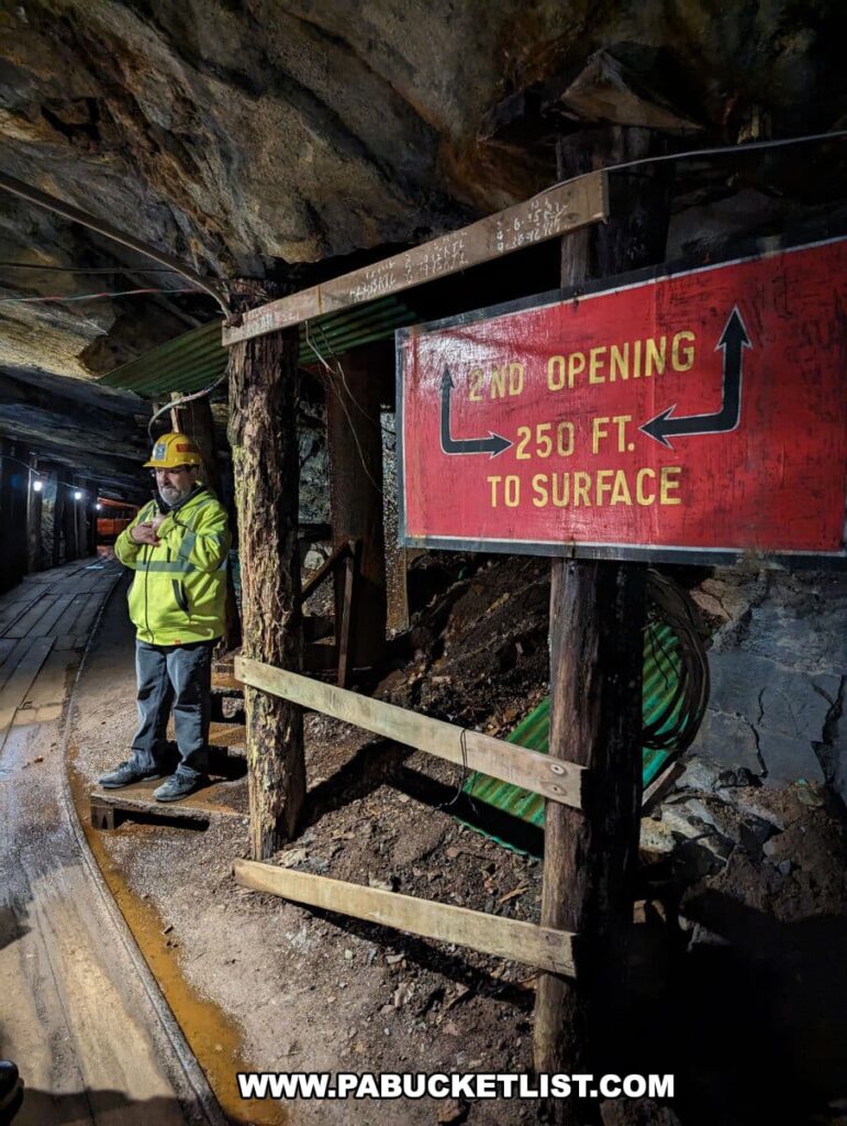 A miner in high-visibility clothing and a hard hat stands next to a wooden sign inside the Lackawanna Coal Mine in Scranton, PA. The sign, with a bright red background and yellow lettering, reads '2ND OPENING 250 FT. TO SURFACE' with a red arrow pointing to the left, indicating the direction to the nearest escape shaft. The environment is dimly lit, with rocky walls and wooden support beams, reflecting the authentic underground setting of the coal mine.