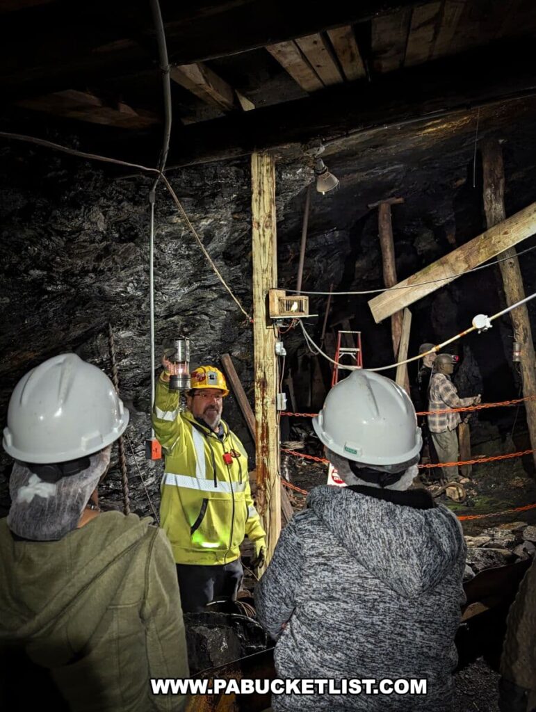 A tour guide, wearing a yellow high-visibility jacket and a hard hat, demonstrates an old-fashioned miner's lamp to visitors at the Lackawanna Coal Mine in Scranton, PA. Two visitors in hard hats are listening attentively. They are standing in a dimly lit mine shaft with rough stone walls and heavy timber supports. The guide is holding up the lamp, adding to the educational experience in the historical mining environment.
