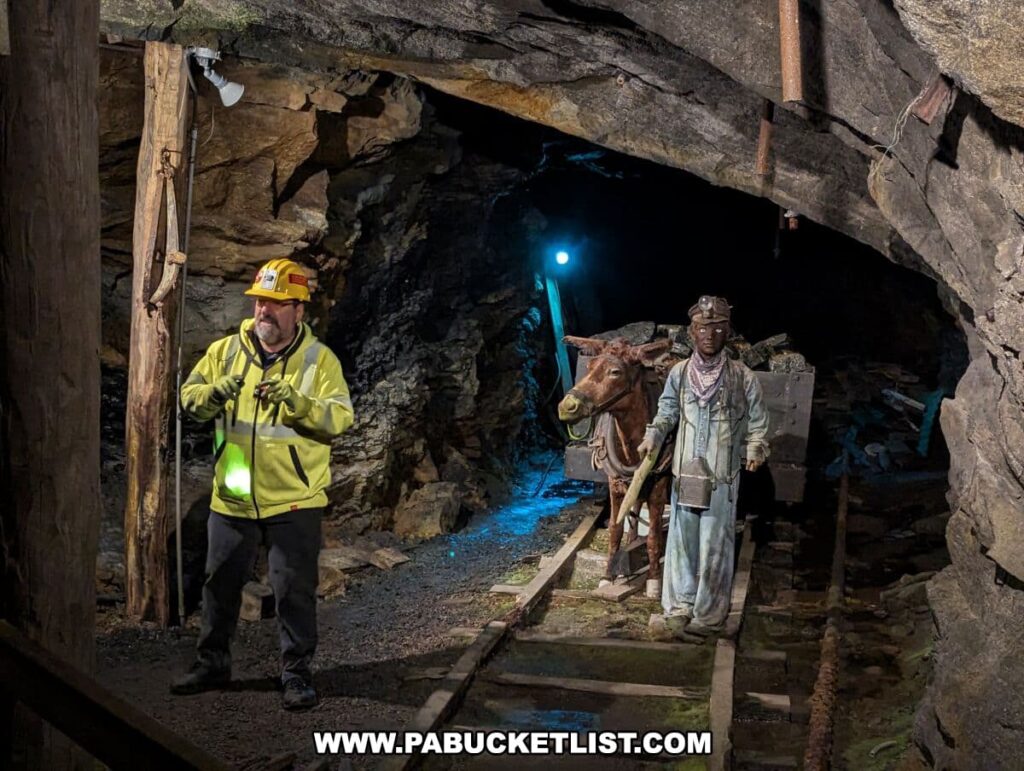 Inside the Lackawanna Coal Mine in Scranton, PA, a tour guide in a high-visibility jacket and hard hat with a headlamp is speaking next to a lifelike statue of a 'mule boy.' The boy is depicted in historical mining attire, leading a mule carrying a cart full of coal. The scene is set in an underground mining tunnel with rustic wooden beams and dim lighting, enhancing the historical ambiance of the exhibit.