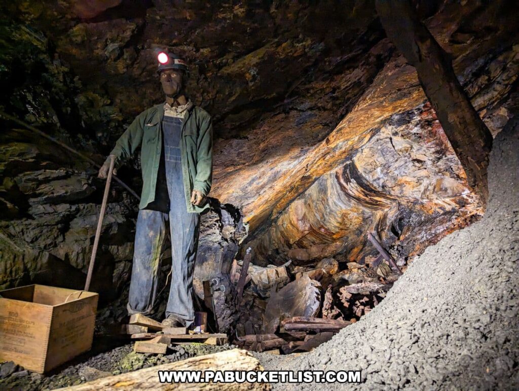 A life-sized mannequin dressed as a coal miner stands in the Lackawanna Coal Mine in Scranton, PA. The figure is equipped with a headlamp and is holding a pickaxe, positioned as if ready to work. Beside the miner is a wooden crate labeled with the number '1900,' suggesting a historical context. The mine walls around the figure show layers of earth and coal, with a vivid streak of rust-colored mineral deposits running through the strata, reflecting the natural geological conditions of the mine.