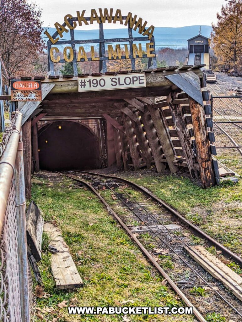 Entrance to the Lackawanna Coal Mine in Scranton, PA, with a rustic wooden structure over the mine shaft marked '#190 SLOPE'. Above the tunnel, a sign reads 'LACKAWANNA COAL MINE' against a backdrop of blue sky and distant mountains. To the left, there's a 'DANGER' sign warning against smoking and open lights. Railway tracks lead into the darkened tunnel entrance, surrounded by a chain-link fence, hinting at the historical journey that awaits visitors.