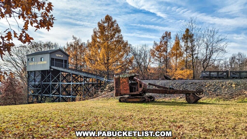 Historical mining equipment and tipple structure at the Lackawanna Coal Mine Tour in Scranton, PA. A rusted mining conveyor sits in the foreground on a grassy hill, leading towards the large black tipple, marked with the sign 'LACKAWANNA COAL MINE TIPPLE.' The autumnal setting is evident with trees showcasing yellow and orange foliage under a clear blue sky.