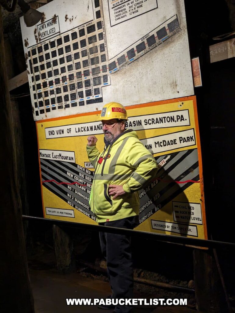 A tour guide at the Lackawanna Coal Mine Tour in Scranton, PA, is presenting in front of a large educational board detailing the 'End View of Lackawanna Basin Scranton, PA.' The guide, wearing a reflective jacket and hard hat, is gesturing towards the diagram which illustrates various coal beds and rock layers, providing insights into the geological structure of the coal mining area.