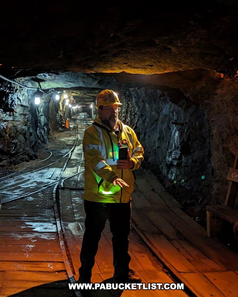 A tour guide, dressed in a high-visibility jacket and a yellow hard hat, stands in the underground tunnel of the Lackawanna Coal Mine Tour in Scranton, PA. The guide is illuminated by the warm glow of the tunnel lights, with mining tracks extending into the dimly lit passage behind him. His posture and the equipment he carries suggest he is providing educational information to visitors about the mine.
