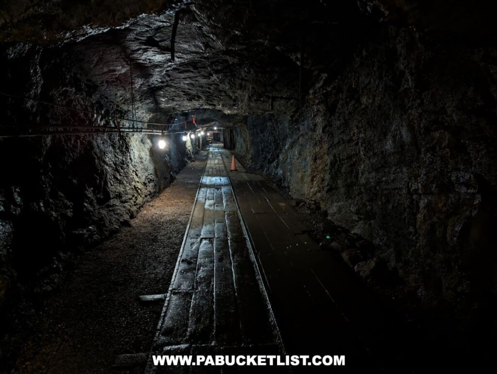 Interior view of the Lackawanna Coal Mine showing the dimly lit mine tunnel with a wooden walkway for tours. The rough rock walls glisten with moisture under the overhead lights, which cast a warm glow and create elongated shadows on the path. The mine appears to extend into darkness, with support beams and cables lining the ceiling for structural integrity.