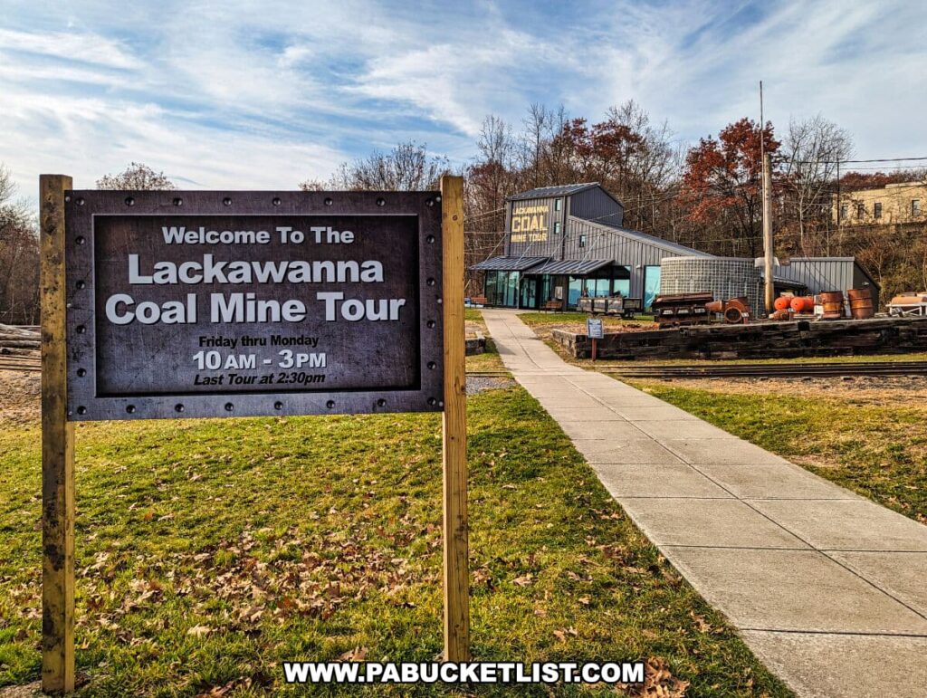 Welcome sign at the Lackawanna Coal Mine Tour in Scranton, PA. The wooden signboard, prominently displayed on a grassy lawn, informs visitors of the tour times from Friday through Monday, 10 AM to 3 PM, with the last tour at 2:30 PM. In the background, the tour's main building features a large 'COAL MINE TOUR' sign and exhibits mining artifacts, including a rusted cart. The setting is serene with a clear sky and autumn trees, indicating a peaceful yet educational attraction.