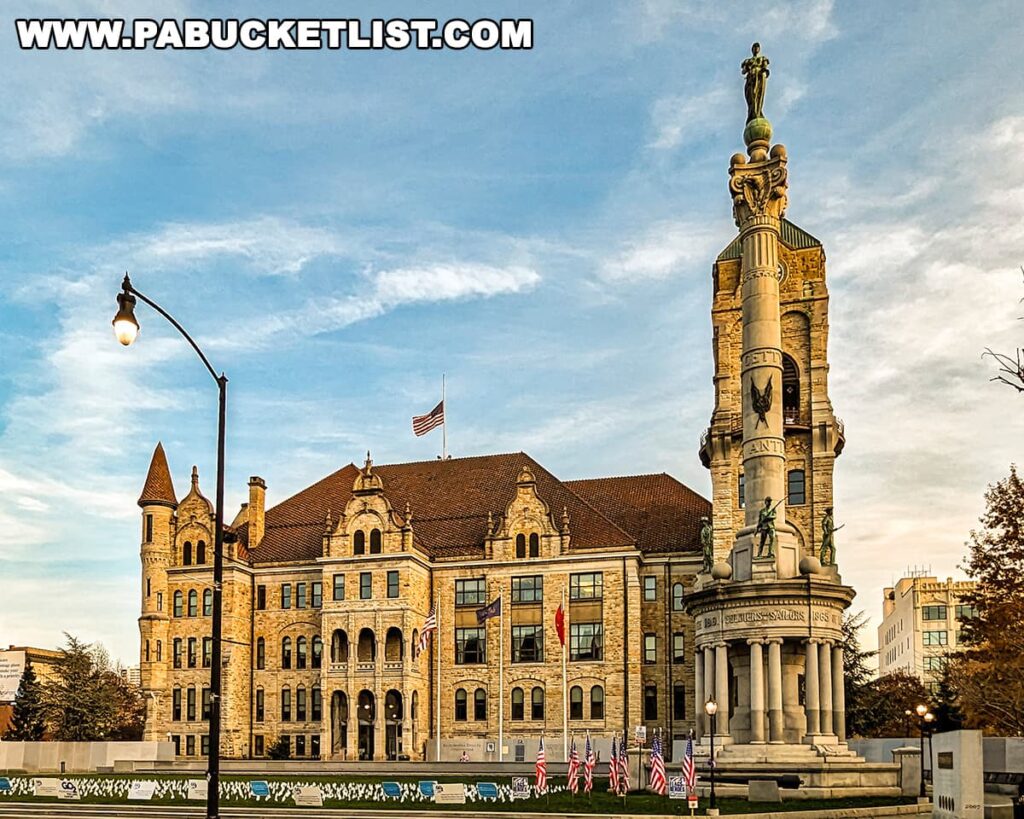 The Soldiers and Sailors Monument in front of the Lackawanna County Courthouse in Scranton, Pennsylvania. This towering structure features statues of soldiers and an angel-like figure at the top, with inscriptions dating back to 1861. The courthouse behind exhibits classic architectural design with turrets, and an American flag flies prominently. The scene is set against a dusky sky, with a street lamp in the foreground adding to the tranquil evening ambiance.