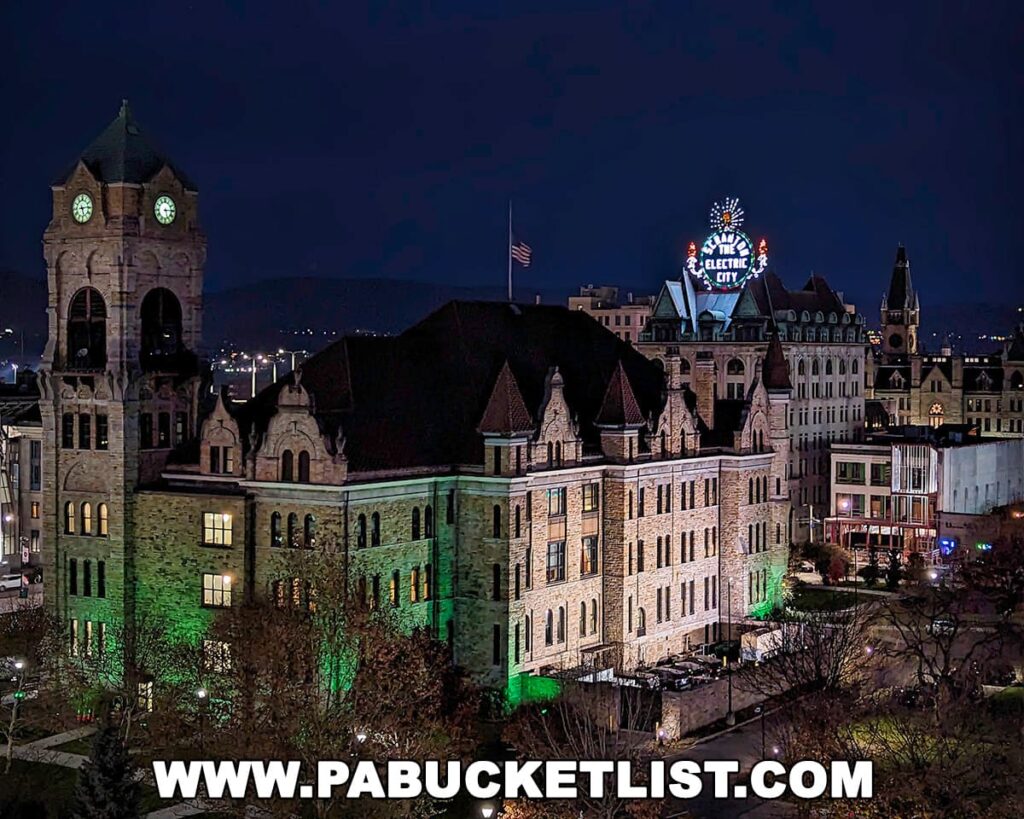 Nighttime view of the Lackawanna County Courthouse and the illuminated Electric City sign in Scranton, Pennsylvania. The historic courthouse is lit with green lights, highlighting its stonework and architectural details, including a clock tower. The skyline features a mix of architectural styles with the vibrant Electric City sign providing a focal point against the dark, mountainous backdrop.