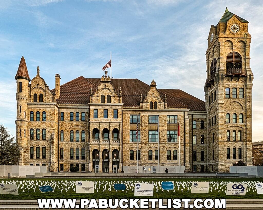 The Lackawanna County Courthouse in Scranton, Pennsylvania, is a stately stone building featuring Romanesque Revival architecture, with a prominent clock tower, turrets, and gabled roofs. An American flag flies atop the central peak. The courthouse is set against a clear blue sky, with informational banners displayed on the lawn in front.