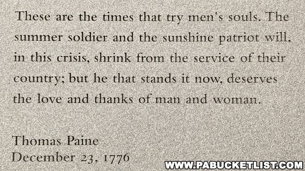 A close-up of an engraved stone plaque with a quote by Thomas Paine at the Lackawanna County Veterans Plaza in Scranton, Pennsylvania. It reads: 'These are the times that try men's souls. The summer soldier and the sunshine patriot will, in this crisis, shrink from the service of their country; but he that stands it now, deserves the love and thanks of man and woman. Thomas Paine December 23, 1776.