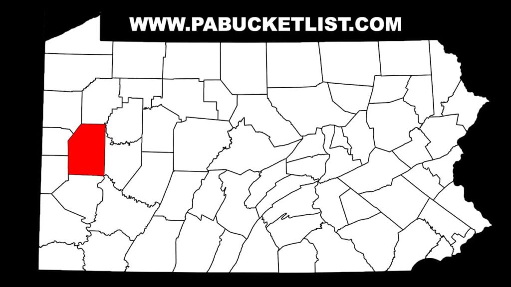 A simplified black and white map of Pennsylvania highlighting Butler County in red. The map shows the county boundaries within the state, with Butler County located towards the western part of Pennsylvania. The surrounding counties are outlined but not labeled, and the map does not include any city names or geographical features. The highlighted area clearly indicates the location of Butler County for easy identification.