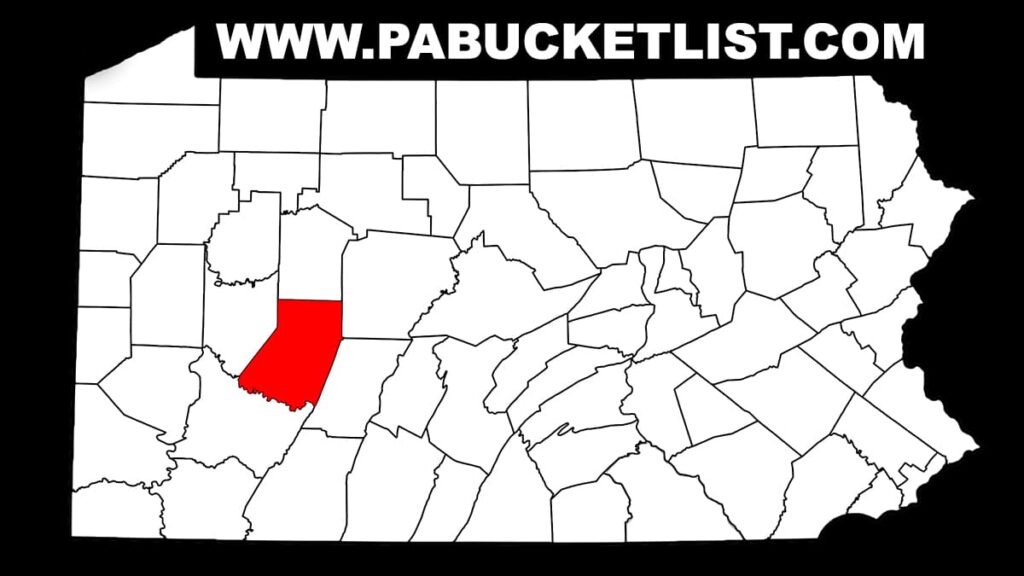 A map of Pennsylvania with Indiana County highlighted in red. The map shows the outline of all counties in the state, with the highlighted county located towards the western part of Pennsylvania. The rest of the counties are in white with black outlines, and the map has a plain white background.