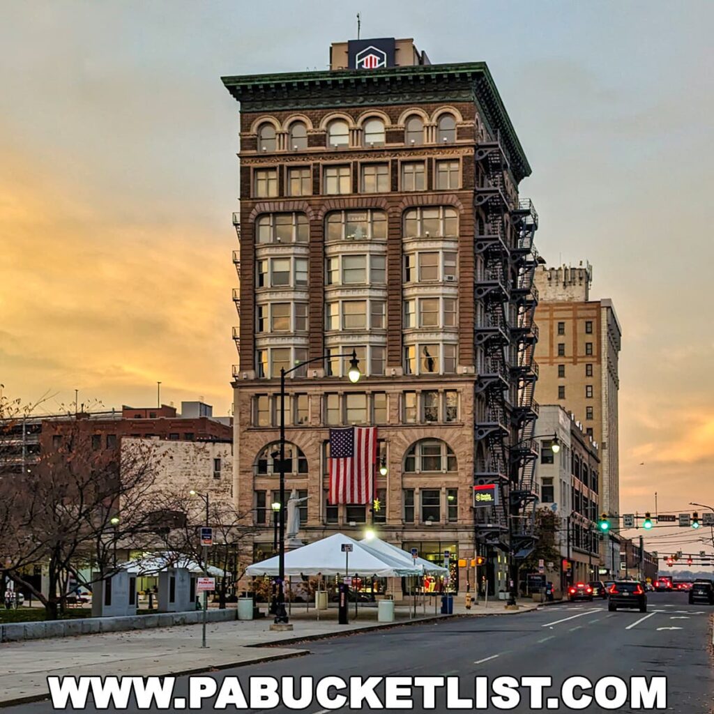 The Mears Building, Scranton, Pennsylvania's first skyscraper built in 1896, stands tall at dusk with an American flag hanging prominently on its façade. The historic building features a classic architectural style with bay windows and a fire escape on its side. A vendor's white tent is set up on the street level, and the warm glow of the sunset fills the sky behind.