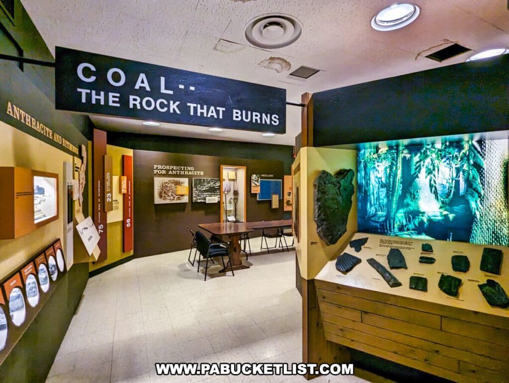 Interior view of the Museum of Anthracite Mining in Ashland, PA, featuring the exhibit 'COAL: THE ROCK THAT BURNS.' The room has educational panels on anthracite and its history, with a wall dedicated to 'PROSPECTING FOR ANTHRACITE.' A large piece of coal is on display next to a backlit image of a prehistoric forest, illustrating coal's origins. Samples of coal and related fossils are mounted on a beige display with descriptive labels. A seating area with a table and chairs offers a space for visitors to rest or read additional material.