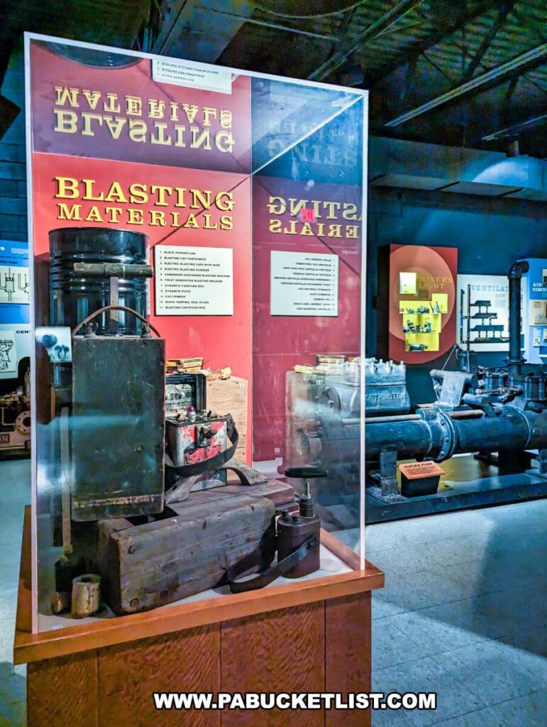 An exhibit on blasting materials at the Museum of Anthracite Mining in Ashland, PA. The display features historic mining equipment, including a black powder detonator box, a metal blasting machine with a plunger, and cylindrical metal cases, all set against a backdrop of informative red and purple panels with mirrored lettering. The words 'BLASTING MATERIALS' are prominently displayed on the central panel. In the background, other exhibits and artifacts are dimly lit, hinting at the extensive collection within the museum.