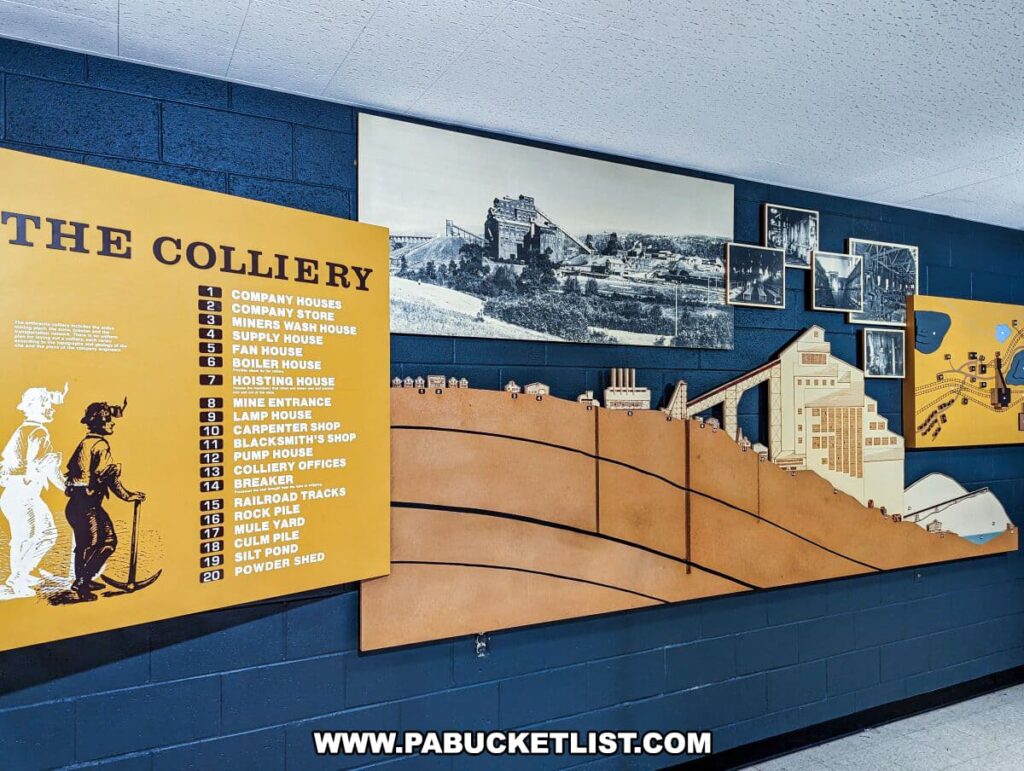A wall exhibit titled 'THE COLLIERY' at the Museum of Anthracite Mining in Ashland, PA. The display features a large yellow panel with a list of numbered items such as 'COMPANY HOUSES,' 'MINE ENTRANCE,' and 'POWDER SHED,' corresponding to parts of a coal mine. Next to it is a stylized representation of a mining complex in brown and beige, with each section numbered to match the list. Above and to the right, black and white historical photographs of mining operations are mounted on the dark blue wall, providing a visual context to the coal mining history.