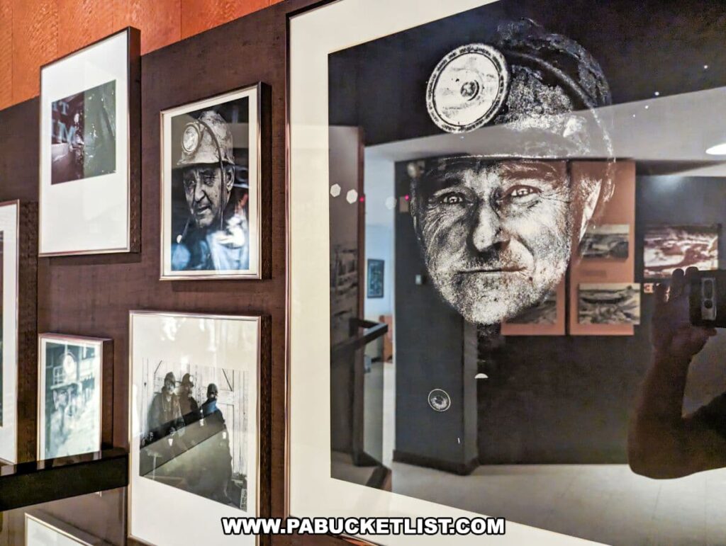 A close-up view of a photo gallery at the Museum of Anthracite Mining in Ashland, PA, featuring black and white portraits of coal miners. One prominent photograph in the center shows a miner with a headlamp, his face etched with coal dust and the lines of hard work. The reflection in the glass reveals the silhouette of a person taking the photo, subtly including the viewer in the museum experience. Other framed photographs around it capture various scenes of mining life.