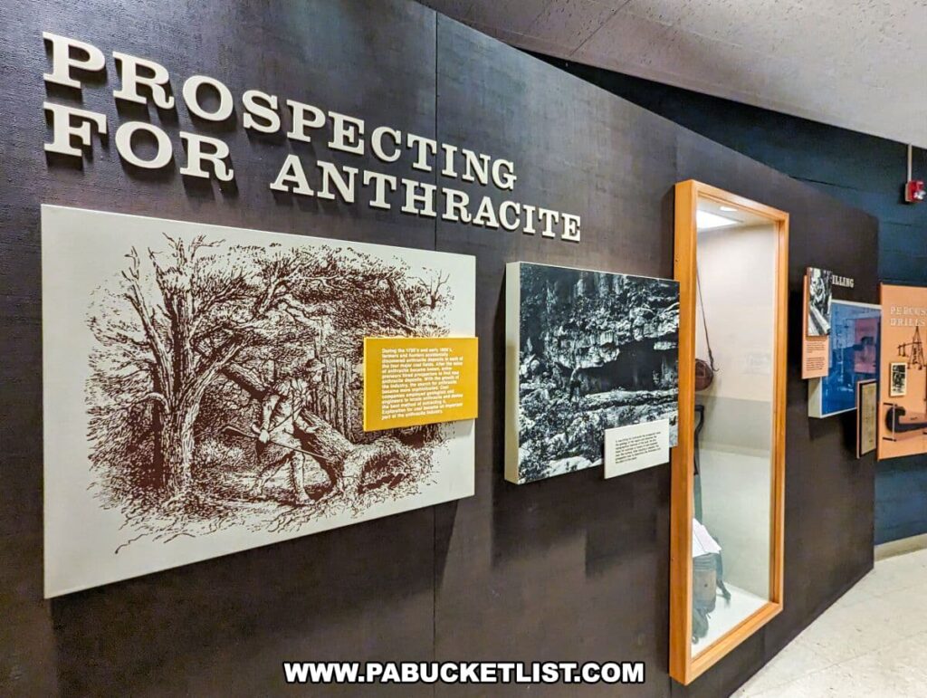 Wall exhibit titled 'PROSPECTING FOR ANTHRACITE' at the Museum of Anthracite Mining in Ashland, PA. The wall is adorned with raised metal letters spelling out the exhibit title, with a large, detailed illustration of wooded terrain below it. Next to the illustration is a photograph showcasing a rocky landscape, representative of anthracite deposits. Accompanying text plaques provide historical context and information about the prospecting process. The dark wall contrasts with the informative displays, inviting museum visitors to learn about the early methods of locating anthracite coal.