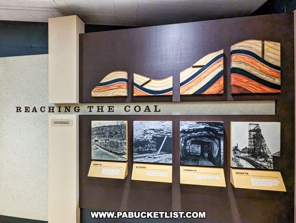 The 'REACHING THE COAL' exhibit at the Museum of Anthracite Mining in Ashland, PA, features a series of cross-sectional models and black and white photographs. The models, displayed on the upper part of the wall, artistically represent different geological layers of earth and coal. Below them, photographs depict various mining techniques such as 'DRIFTS,' 'SLOPES,' 'TUNNELS,' and 'SHAFTS,' each labeled with descriptive text to educate visitors on the methods used to access coal seams. The exhibit combines visual and textual elements to convey the complexities of anthracite coal mining.