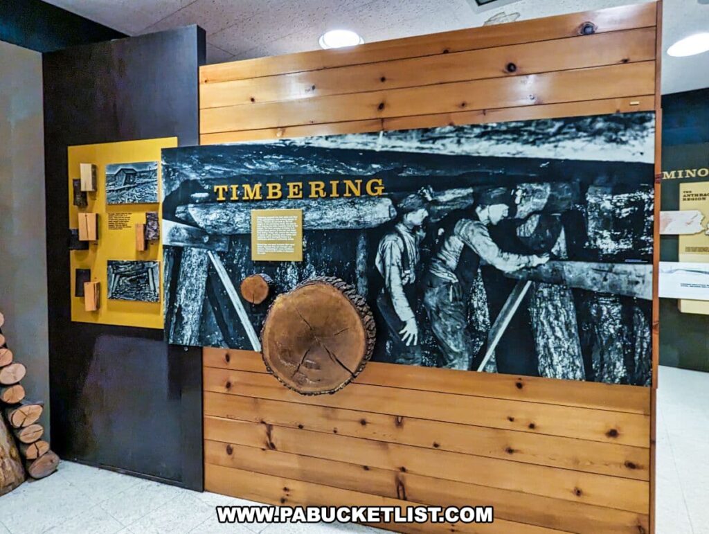The 'TIMBERING' exhibit at the Museum of Anthracite Mining in Ashland, PA, featuring a large photo of miners reinforcing mine tunnels with wooden beams. The photo is set against a wall paneled with real wood, enhancing the mining theme. To the left, a bright yellow panel contains additional photographs and texts about timbering techniques. A cross-section of a log with growth rings is prominently displayed, providing a tangible connection to the materials used in mining.