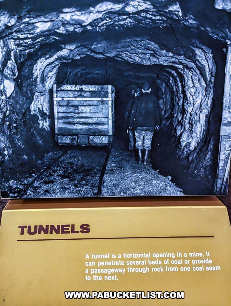 A photograph within the 'TUNNELS' exhibit at the Museum of Anthracite Mining in Ashland, PA, depicts a miner standing next to a mine cart inside a dark tunnel. The image captures the textures of the coal seams and the rocky structure of the mine. Below the photograph is a mustard-yellow informational plaque with the title 'TUNNELS' and a description that explains a tunnel as a horizontal opening in a mine that can penetrate several beds of coal or provide a passageway from one coal seam to the next.