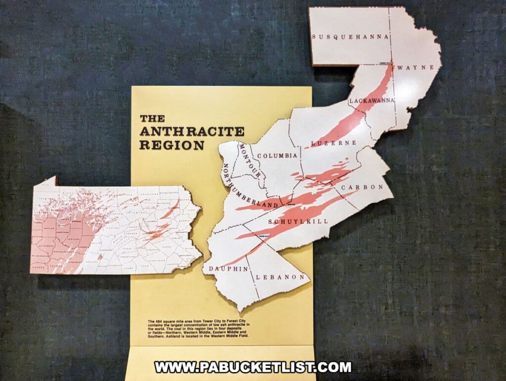 A wall exhibit at the Museum of Anthracite Mining in Ashland, PA, presents a map of 'THE ANTHRACITE REGION' of Pennsylvania. The map is a three-dimensional cutout highlighting the counties of Susquehanna, Wayne, Lackawanna, Luzerne, Columbia, Carbon, Northumberland, Schuylkill, Dauphin, and Lebanon, with areas containing anthracite coal marked in red. The exhibit includes a mustard-yellow informational panel with text describing the 484 square mile area from Towanda City to Forest City as the Northern, Central, Southern, and Western Middle coal fields, noting that Ashland is located in the Western Middle Field.