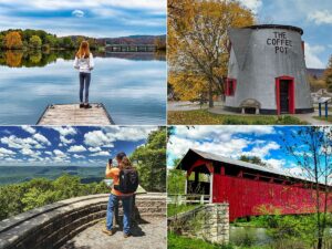 A collage of four photographs showcasing attractions in Bedford County, Pennsylvania. Top left: A woman stands on a wooden dock, gazing out over a calm lake reflecting autumnal trees and a bridge in the distance. Top right: The iconic Coffee Pot-shaped building with its gray walls, red accents, and a sign reading "THE COFFEE POT" against a backdrop of yellow fall foliage. Bottom left: A couple takes a selfie at a scenic overlook, with lush green hills stretching to the horizon under a blue sky with fluffy clouds. Bottom right: A historic red covered bridge over a serene creek, surrounded by verdant greenery and under a partly cloudy sky.