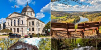 This is a collage of four photos showcasing attractions in Bradford County, Pennsylvania. The top left image features the Bradford County Courthouse with its impressive dome and stately architecture. To the top right, there’s a serene view of a meandering river viewed from a vantage point with two wooden benches inviting a peaceful rest. The bottom left photo displays a quaint covered wooden bridge surrounded by lush foliage. The bottom right image captures the dynamic beauty of a cascading waterfall in a forested area, embodying the natural splendor of the county. Together, these images represent the historical and natural highlights of Bradford County.