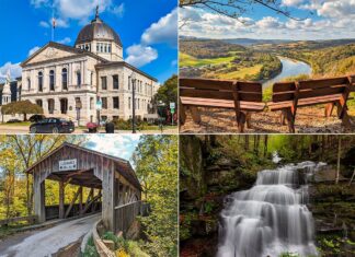 This is a collage of four photos showcasing attractions in Bradford County, Pennsylvania. The top left image features the Bradford County Courthouse with its impressive dome and stately architecture. To the top right, there’s a serene view of a meandering river viewed from a vantage point with two wooden benches inviting a peaceful rest. The bottom left photo displays a quaint covered wooden bridge surrounded by lush foliage. The bottom right image captures the dynamic beauty of a cascading waterfall in a forested area, embodying the natural splendor of the county. Together, these images represent the historical and natural highlights of Bradford County.