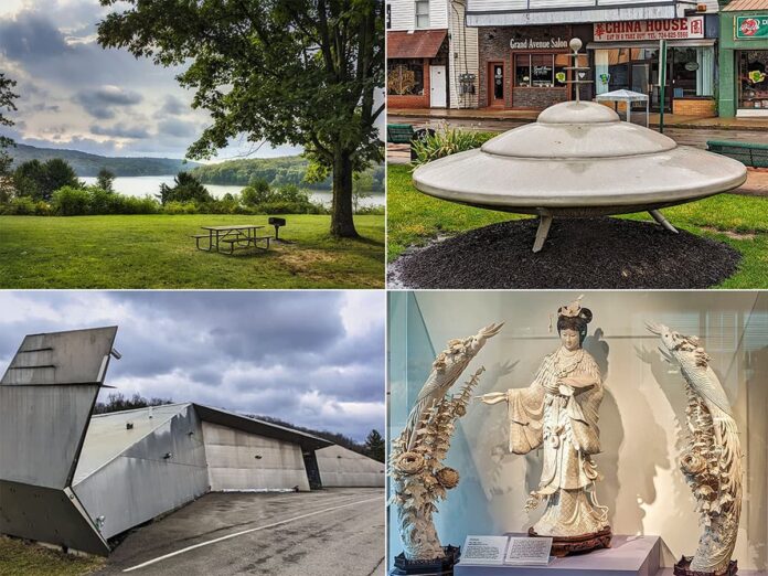 This collage features four distinct images from Butler County, Pennsylvania: Top left: A tranquil lakeside scene with a picnic bench under the shade of green trees, overlooking calm waters with hills in the distance. Top right: A whimsical outdoor sculpture resembling a classic UFO, placed on a lawn in front of a row of local businesses including the Grand Avenue Salon and China House. Bottom left: An angular, futuristic-looking building with metallic panels, suggesting an avant-garde architectural style, under a cloudy sky. Bottom right: An intricately carved white statue of a deity flanked by two large, ornate dragon sculptures, displayed in a museum or gallery with informative placards. Each photo represents a unique aspect of the cultural and aesthetic diversity found in Butler County, from natural beauty and public art to innovative architecture and artistic exhibits.