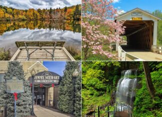 This is a collage of four images featuring notable attractions in Indiana County, Pennsylvania: Top left: A serene lake surrounded by trees with autumn foliage, reflecting the colors on the water surface, with an old wooden dock extending into the lake. Top right: Thomas Covered Bridge, a white wooden covered bridge with a sign indicating its height clearance, set against a backdrop of flowering trees in full bloom. Bottom left: The entrance to the Jimmy Stewart Museum, with a historical marker in the foreground and festive decorations around the entry, honoring the famed actor. Bottom right: A picturesque waterfall flowing through lush green woodland, with a stair pathway leading down alongside it for a closer view. The images collectively highlight the natural and cultural beauty of Indiana County.