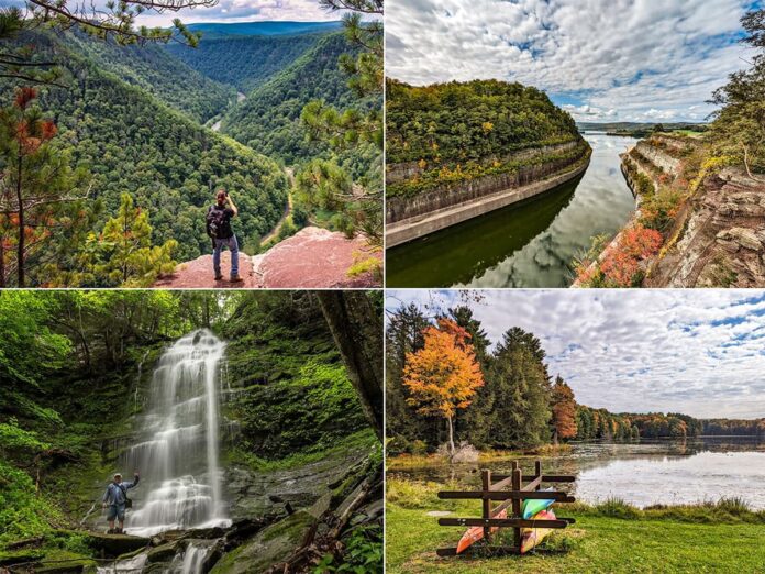 A collage of four photographs showcasing natural attractions in Tioga County, Pennsylvania. The top left image captures a hiker standing on a rocky overlook, gazing out over a lush, deep green valley with a river snaking through it. The top right photograph shows a high perspective of a waterway cutting through a forested landscape with colorful autumn foliage. The bottom left image features a photographer capturing a tall, cascading waterfall surrounded by dense greenery. The bottom right photo depicts a tranquil lakeside scene with a wooden picnic table and bench, a colorful umbrella, and kayaks resting on the grassy shore, with autumn-touched trees reflecting on the still water.