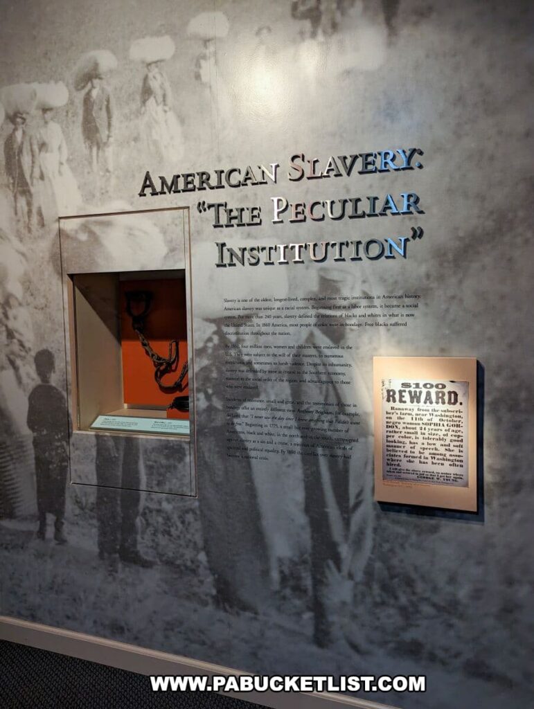 An exhibit at the National Civil War Museum titled "American Slavery 'The Peculiar Institution'" features a large wall graphic with a sepia-toned image of slaves working in a field. To the left, a display case contains a heavy metal chain, symbolizing the physical restraints of slavery. On the right, there's a poster offering a $100 reward for the return of a runaway enslaved person, highlighting the economic aspects of slavery. The exhibit text is partly visible, discussing the history and impact of slavery in America. The overall display evokes the somber reality of slavery's role in American history.