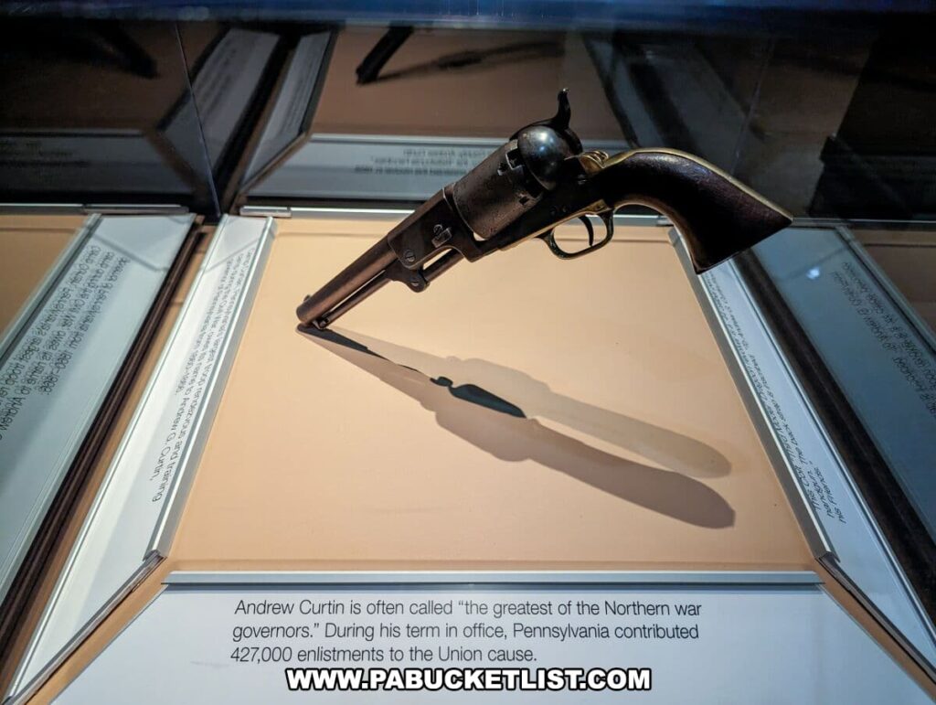 A Civil War-era revolver is displayed in a glass case at the National Civil War Museum. Below the firearm is an informational plaque attributing the pistol to Andrew Curtin, referred to as "the greatest of the Northern war governors." The text notes that during Curtin's term as governor, Pennsylvania contributed 427,000 enlistments to the Union cause. The presentation of the revolver, along with the historical context provided by the plaque, offers museum visitors insight into the personal and political artifacts of the time.