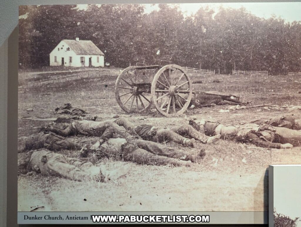 A historical photograph displayed at the National Civil War Museum shows the aftermath of the Battle of Antietam near Dunker Church. In the foreground, a line of fallen soldiers lies on the ground, a testament to the battle's grim reality. A cannon with its wheel pointing skyward is positioned near the lifeless figures, and in the background, the modest white structure of Dunker Church stands in stark contrast to the scene of destruction. This powerful image captures the somber aftermath of the bloodiest single-day battle in American history.