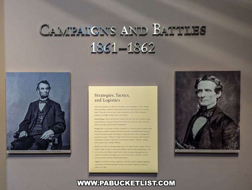The image shows an exhibit at the National Civil War Museum in Harrisburg, PA, focusing on the "Campaigns and Battles 1861–1862". The wall features raised metallic letters stating the exhibit's title. On the left is a portrait of President Abraham Lincoln, and on the right, a portrait of Jefferson Davis. In the center, there is an informational panel titled "Strategies, Tactics, and Logistics" which explains the military language of the era and how the Civil War battles were organized and fought. This exhibit provides historical context to the strategic planning and leadership during the early years of the Civil War.