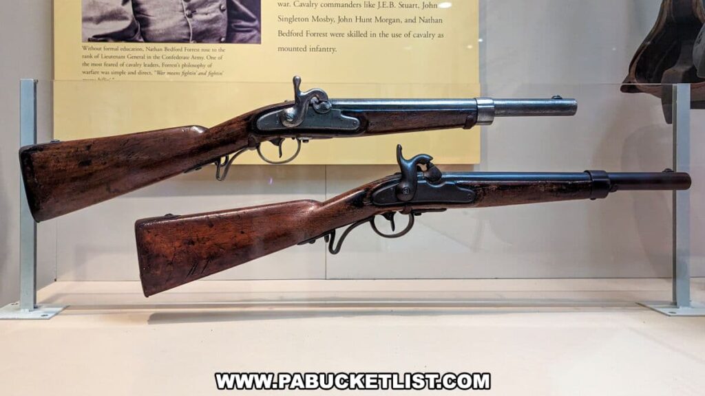 This photo showcases an exhibit from the National Civil War Museum in Harrisburg, PA, displaying two antique rifles from the Civil War era. The rifles, with their wood stocks and metal barrels, are mounted on a clear display stand against a light background. Above them, informational text provides historical context about cavalry commanders and their skills in using mounted infantry during the war. The exhibit illustrates the type of weaponry used by cavalry units and offers insights into the military equipment of the time.