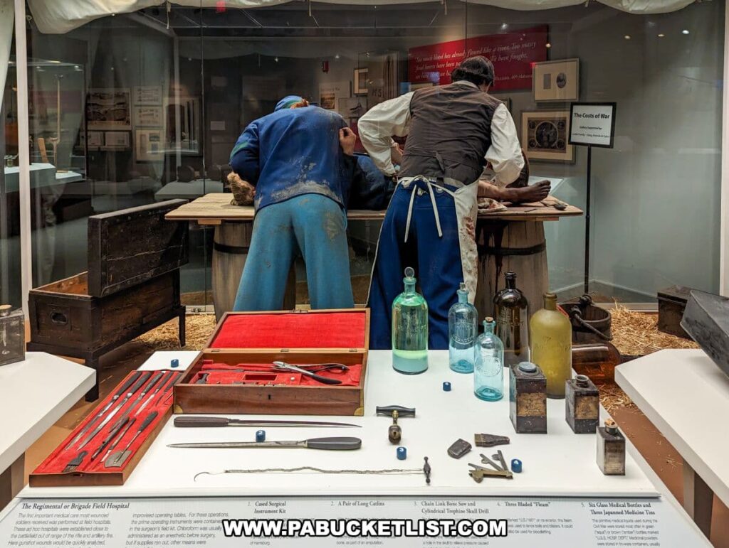 This photo shows an exhibit at the National Civil War Museum in Harrisburg, PA, recreating a Civil War field hospital scene. Two mannequins portray a surgeon and his assistant, bent over a surgical table where an operation appears to be in progress. The table is set against a backdrop of medical supply chests and informational panels. In the foreground, a display case presents a collection of period surgical tools, glass medicine bottles, and other medical paraphernalia, giving viewers a vivid sense of the medical conditions and practices during the Civil War.
