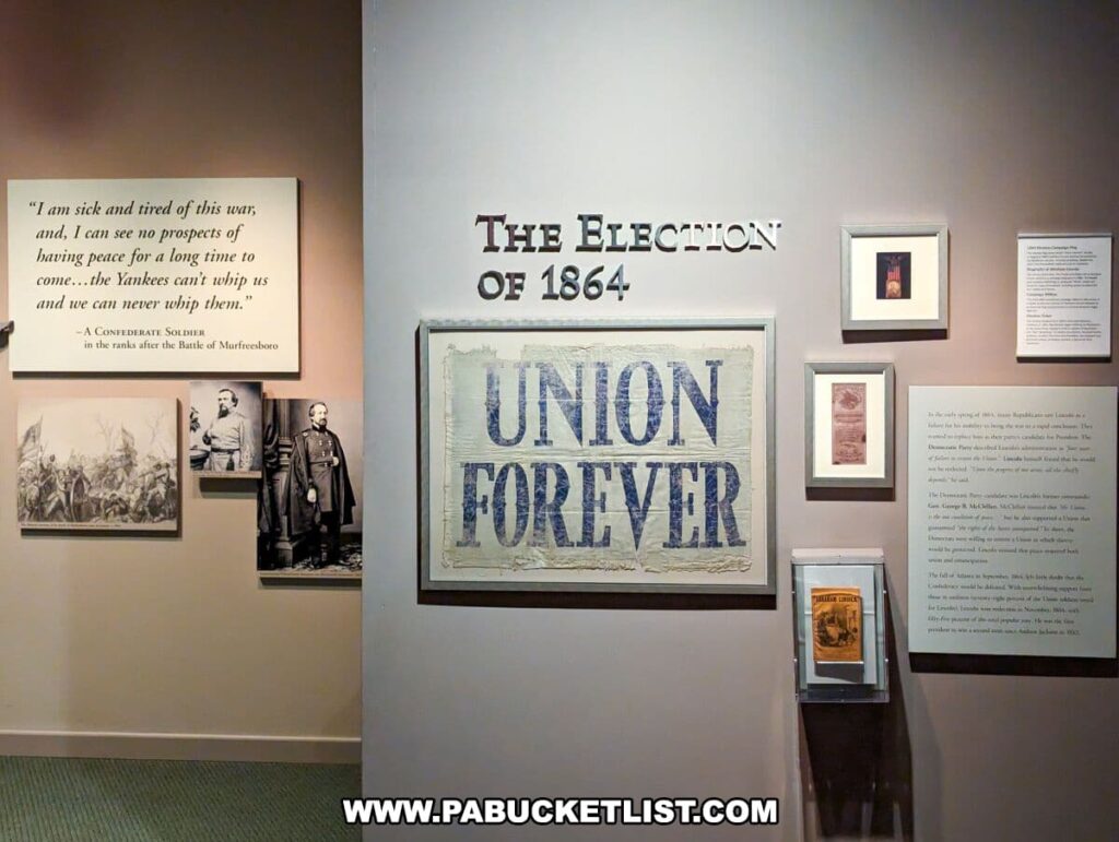 This image features an exhibit from the National Civil War Museum in Harrisburg, PA, focused on "The Election of 1864". The wall is adorned with a large banner reading "UNION FOREVER" and several framed items, including historical quotes, images, and explanatory texts that provide context about the election during the Civil War. A quote from a Confederate soldier expressing fatigue from the war is highlighted on the left. On the right, informational panels detail the political climate and significance of the 1864 election. The exhibit gives insight into the sentiments and political dynamics of the era.