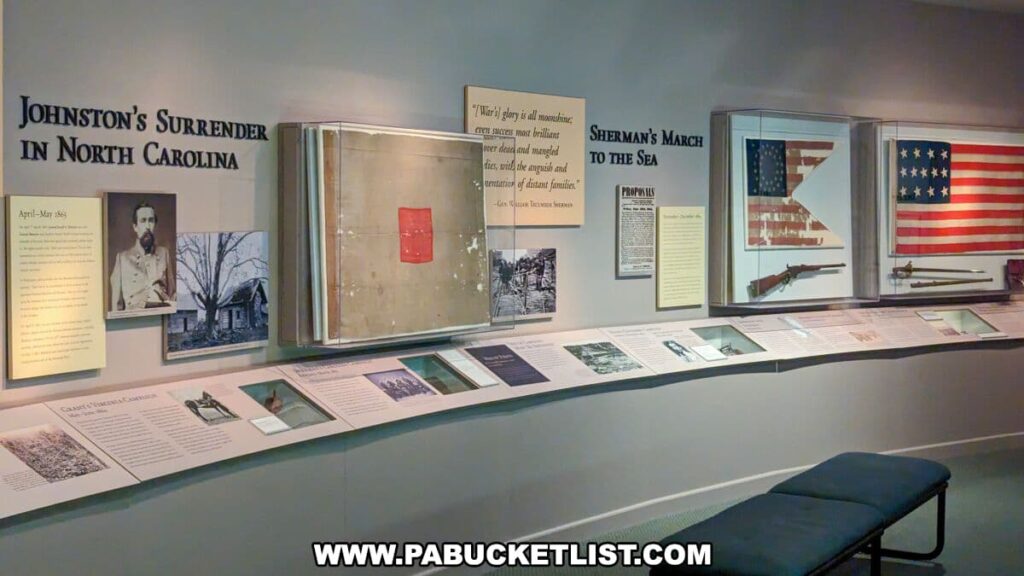 The photo is of an exhibit at the National Civil War Museum in Harrisburg, PA, titled "Johnston's Surrender in North Carolina" and "Sherman's March to the Sea". The exhibit features framed historical documents, photographs, a quote from William Tecumseh Sherman, and American flags with varying numbers of stars. There are also rifles displayed on the wall. Informational panels provide context for these artifacts, detailing the significant events at the end of the Civil War. A bench in front of the exhibit offers a place for visitors to sit and reflect on the displayed history.