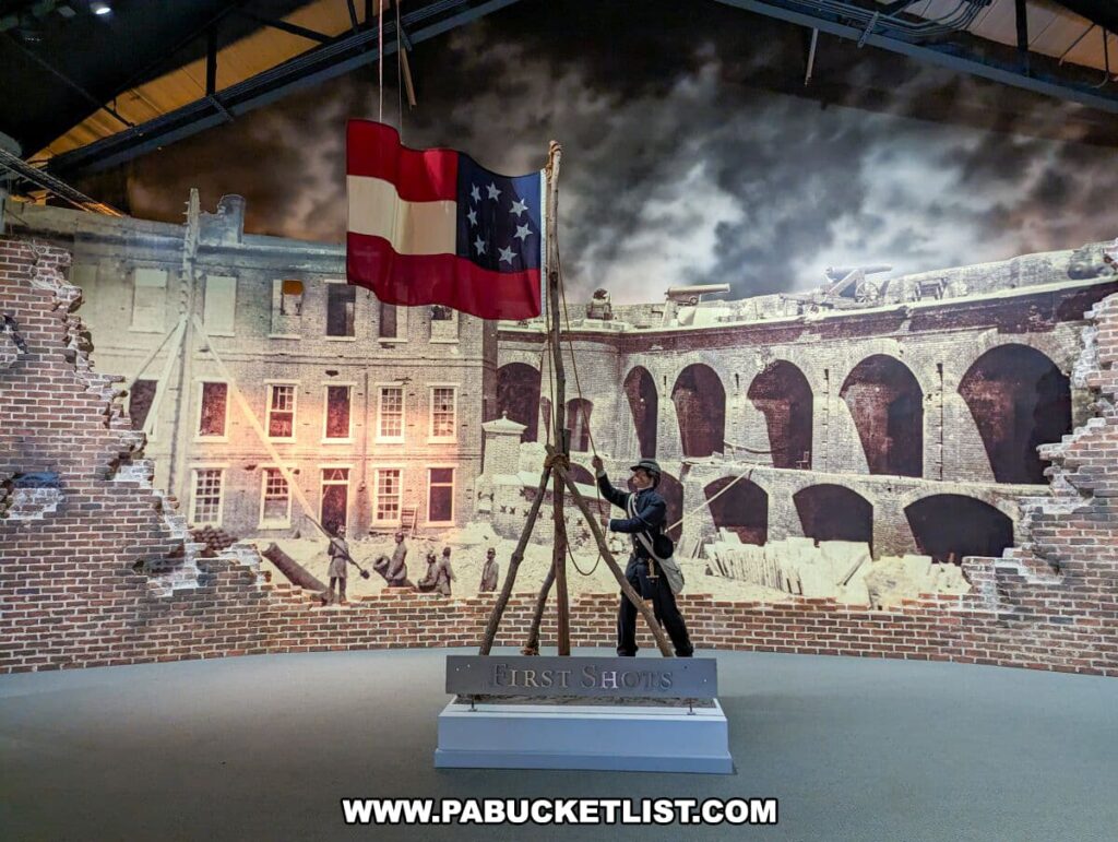 The image displays a dramatic exhibit at The National Civil War Museum in Harrisburg, PA, depicting the bombardment of Fort Sumter, which marked the beginning of the Civil War. A life-sized figure of a soldier appears to be pulling on a halyard to hoist a flag, with the 33-star American flag and the Confederate flag above him. The backdrop is a large, detailed image of the brick fort under attack, with smoke filling the air, enhancing the scene's realism. The exhibit, labeled "First Shots," powerfully evokes the momentous event at Fort Sumter in 1861.