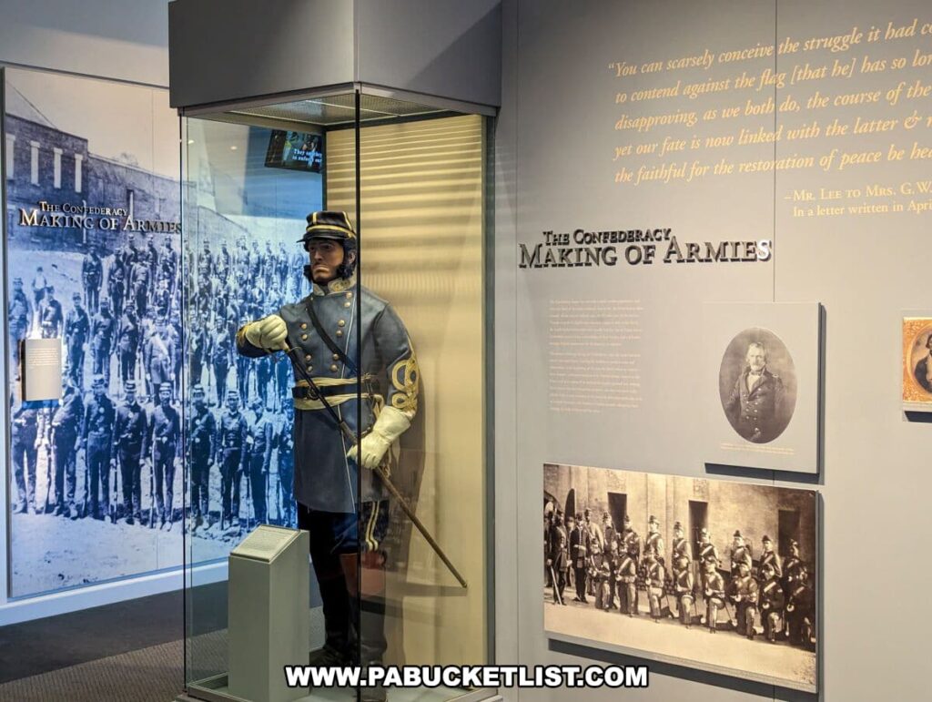 The image depicts an exhibit at The National Civil War Museum in Harrisburg, PA, titled "The Confederacy: Making of Armies". It features a life-size mannequin dressed in a Confederate uniform, complete with a sword and sash, standing in front of a large backdrop displaying a historical photograph of Confederate soldiers. To the right, the wall is adorned with a quote, a portrait of a Confederate general, and a panel with historical information. The exhibit provides an insight into the formation and structure of the Confederate military forces during the Civil War.