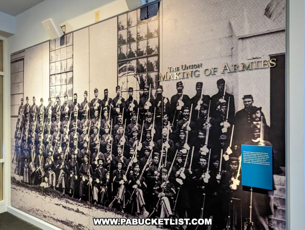 The image is of an exhibit at The National Civil War Museum in Harrisburg, PA, titled "The Union: Making of Armies". It features an expansive wall mural with a historical black and white photograph of Union soldiers in formation, fully uniformed and holding rifles. The photograph spans several panels, and a blue informational plaque in the foreground provides context about the formation and composition of Union armies during the Civil War. The exhibit offers a visual representation of the discipline and readiness of Union forces.