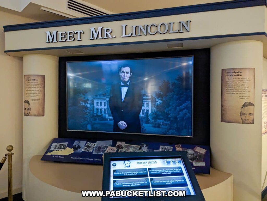 The photo displays the "Meet Mr. Lincoln" interactive exhibit at The National Civil War Museum in Harrisburg, PA. The exhibit features a large screen with an image of Abraham Lincoln, standing in front of the White House at night. Below the screen, there's an interactive display with various topics and questions about Lincoln for visitors to explore. On either side of the screen, framed documents highlight Lincoln's Inaugural Address and the Emancipation Proclamation. The exhibit invites visitors to engage with the life and legacy of President Lincoln during the Civil War.