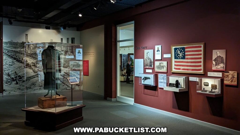 The image showcases an exhibit at The National Civil War Museum in Harrisburg, PA, focusing on the Union Navy during the Civil War. A glass display case prominently features a Union naval officer's uniform with a large mural of a naval scene in the background. To the right, the wall is painted dark red and adorned with informational panels, portraits of naval officers, an American flag with circle of stars, and several naval artifacts, including firearms and ship equipment. The exhibit offers museum visitors a glimpse into the naval aspect of the Civil War and its personnel.