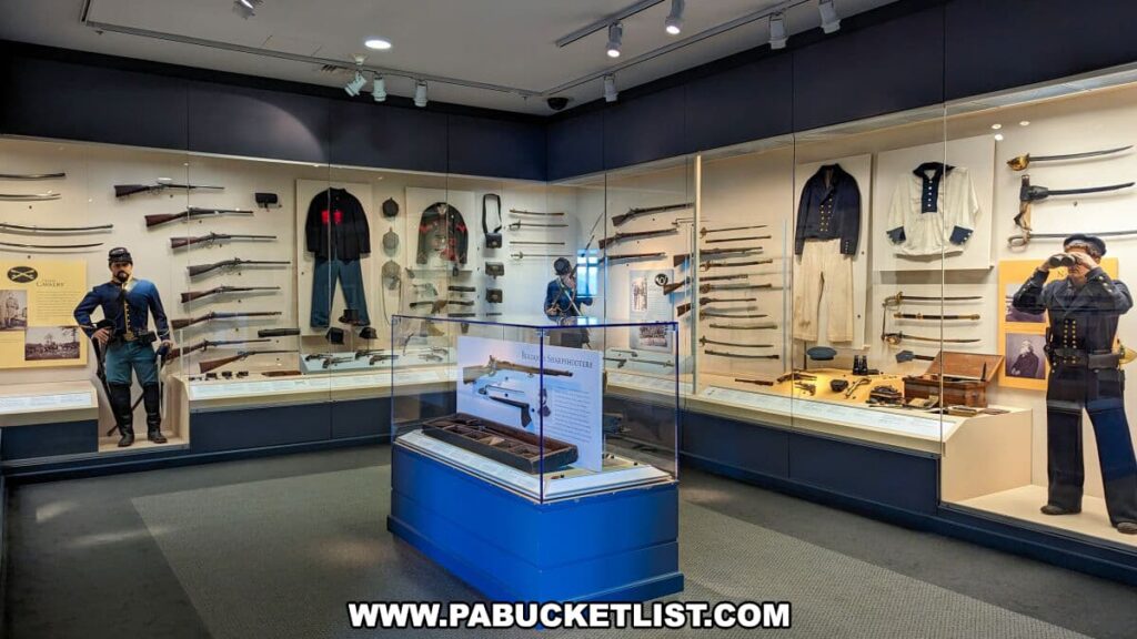 The image displays an exhibit at The National Civil War Museum in Harrisburg, PA, featuring Union military uniforms and weaponry from the Civil War. Life-size mannequins are dressed in authentic naval and cavalry uniforms, flanked by display cases filled with rifles, sabers, and other period artifacts. The wall behind the exhibits is adorned with informative panels and additional relics, providing visitors with a comprehensive view of the equipment and attire of Union soldiers. The layout and lighting of the exhibit are designed to give an immersive historical experience.