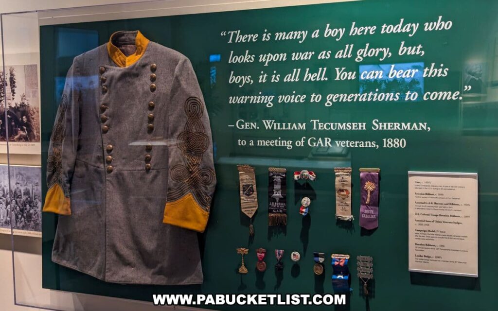 The image is from an exhibit at The National Civil War Museum in Harrisburg, PA, displaying a Civil War era military uniform alongside various commemorative ribbons and medals. The uniform is grey with intricate gold and brown details on the sleeves and collar. To the right, a series of ribbons and medals are mounted, representing different honors and commemorations related to the Civil War. Above the display, a quote from General William Tecumseh Sherman reads, "There is many a boy here today who looks upon war as all glory, but, boys, it is all hell. You can bear this warning voice to generations to come." This quote, from a meeting of GAR (Grand Army of the Republic) veterans in 1880, captures Sherman's perspective on the harsh realities of war. The exhibit aims to provide a tangible connection to the experiences and memories of those who lived through the Civil War era.
